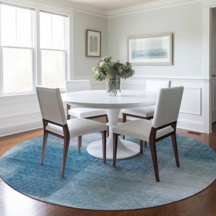8' Denim Blue And Navy Blue Round Abstract Washable Indoor Outdoor Area Rug
