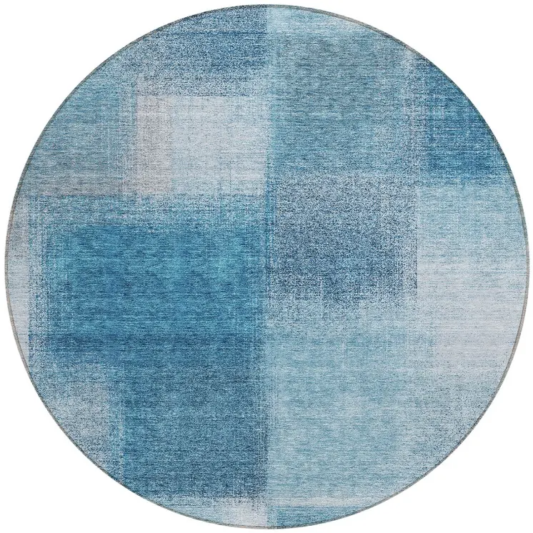 8' Denim Blue And Navy Blue Round Abstract Washable Indoor Outdoor Area Rug