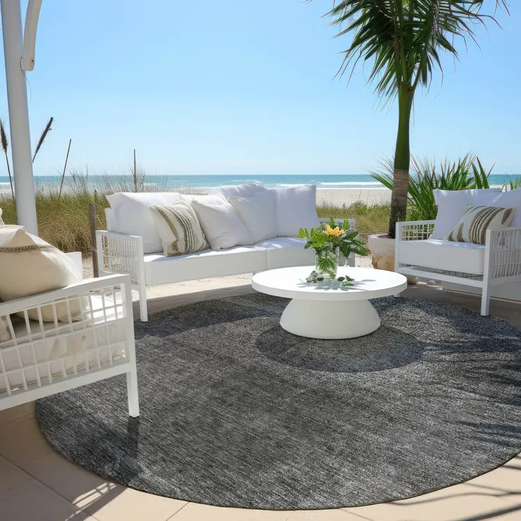 8' Gray Charcoal And Ivory Round Abstract Washable Indoor Outdoor Area Rug