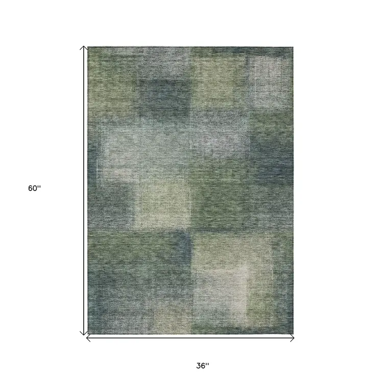 3' X 5' Olive Green And Gray Abstract Washable Indoor Outdoor Area Rug