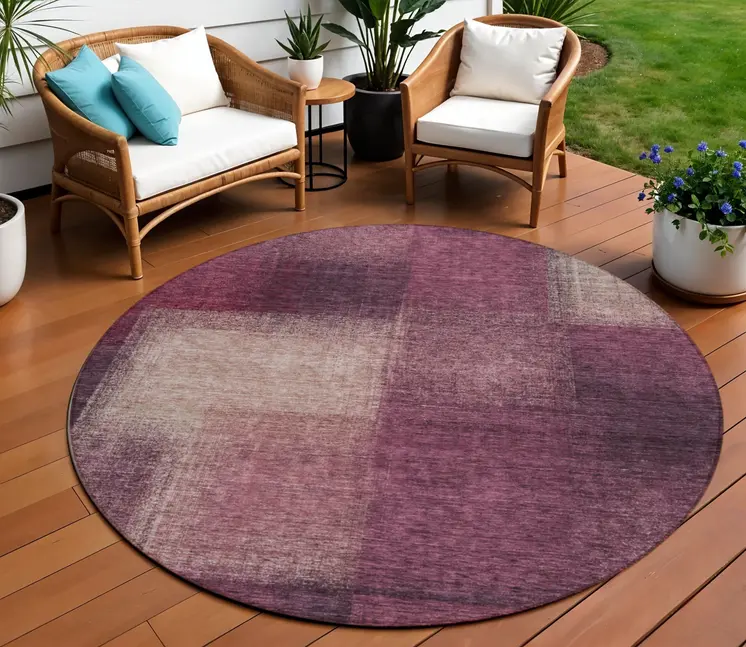 8' Plum Mauve And Beige Round Abstract Washable Indoor Outdoor Area Rug