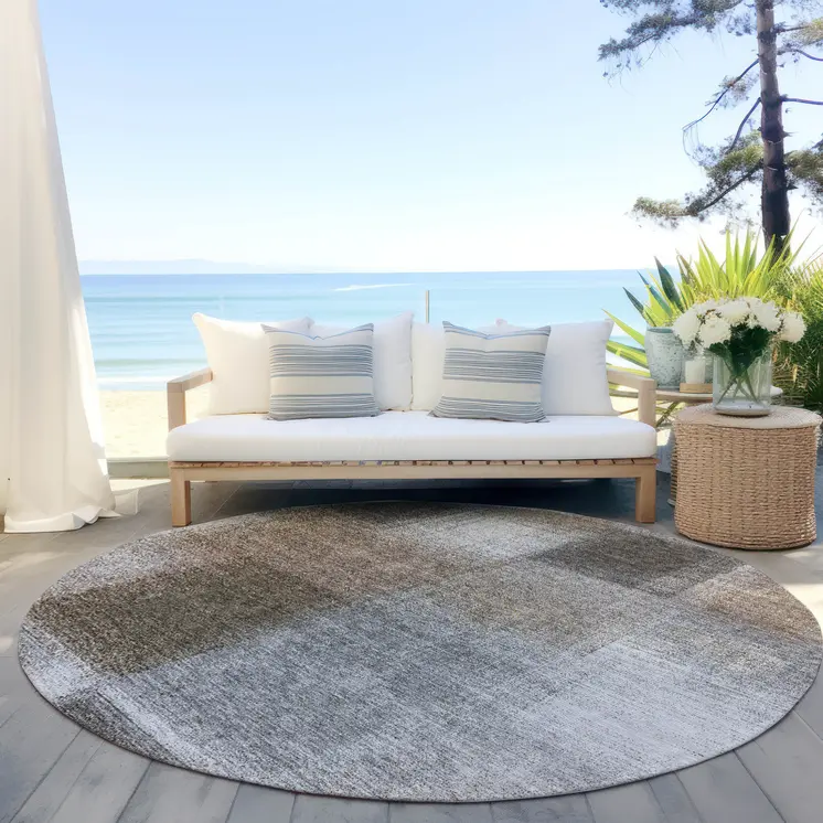 8' Silver Gray And Beige Round Abstract Washable Indoor Outdoor Area Rug