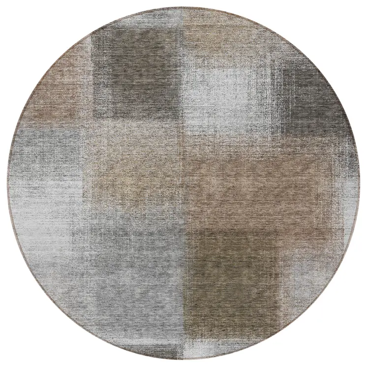 8' Silver Gray And Beige Round Abstract Washable Indoor Outdoor Area Rug