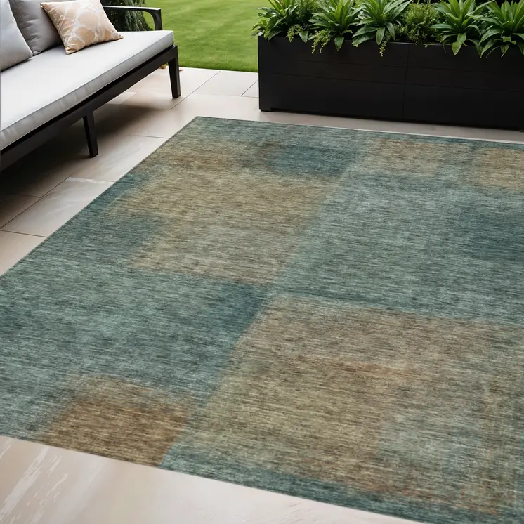 3' X 5' Teal Blue Brown And Taupe Abstract Washable Indoor Outdoor Area Rug