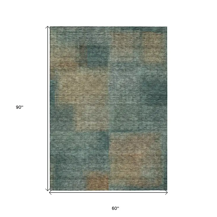 5' X 8' Teal Blue Brown And Taupe Abstract Washable Indoor Outdoor Area Rug