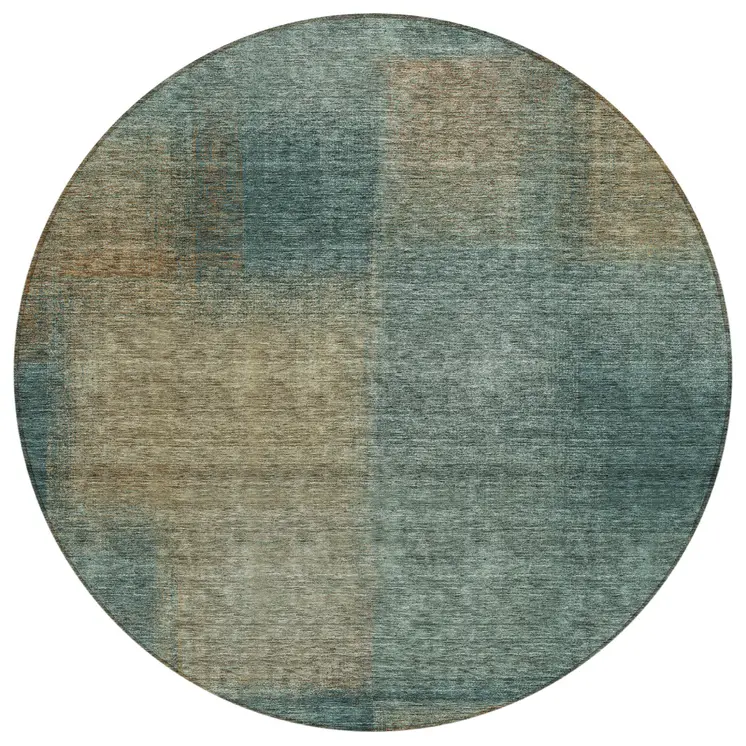 8' Teal Blue Brown And Taupe Round Abstract Washable Indoor Outdoor Area Rug
