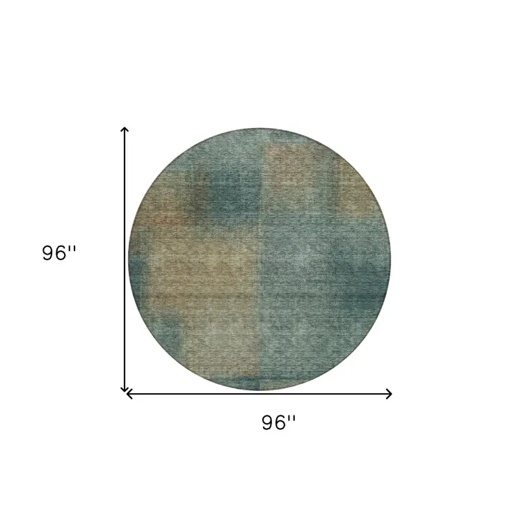 8' Teal Blue Brown And Taupe Round Abstract Washable Indoor Outdoor Area Rug