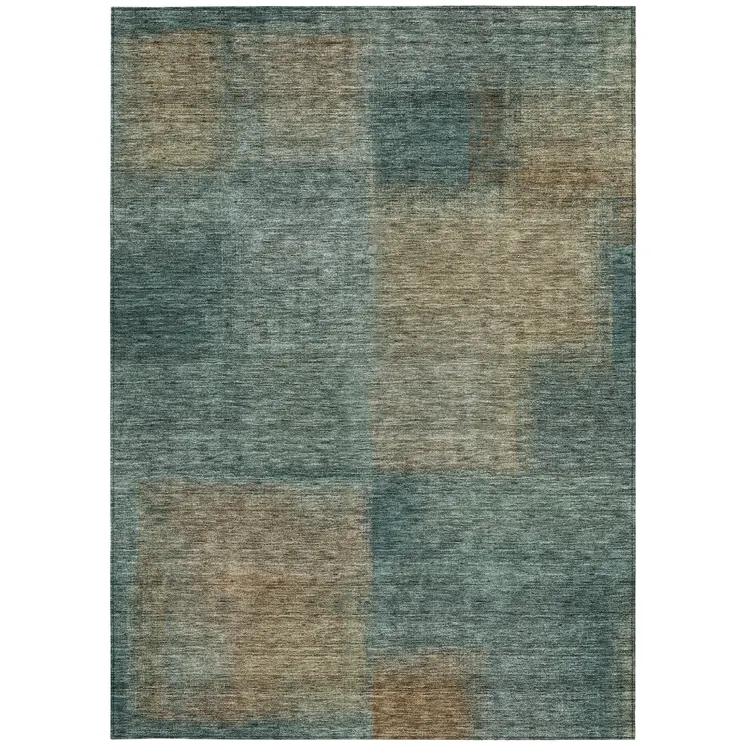 8' X 10' Teal Blue Brown And Taupe Abstract Washable Indoor Outdoor Area Rug