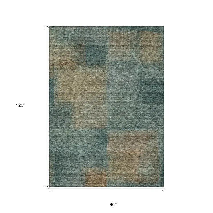8' X 10' Teal Blue Brown And Taupe Abstract Washable Indoor Outdoor Area Rug