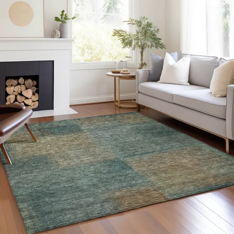 8' X 10' Teal Blue Brown And Taupe Abstract Washable Indoor Outdoor Area Rug