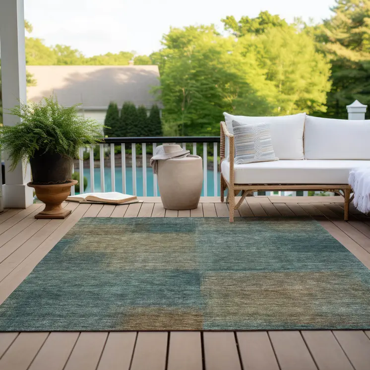 10' X 14' Teal Blue Brown And Taupe Abstract Washable Indoor Outdoor Area Rug