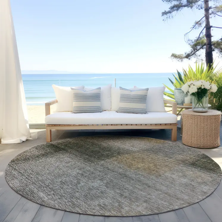8' Taupe Gray And Beige Round Abstract Washable Indoor Outdoor Area Rug
