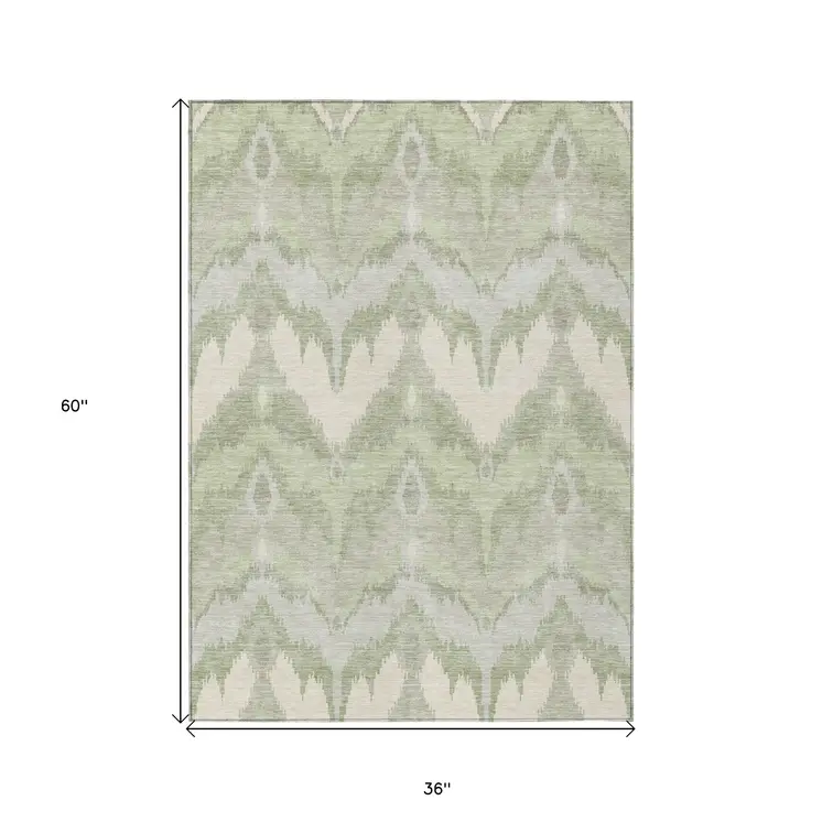 3' X 5' Artichoke Green And Beige Ikat Washable Indoor Outdoor Area Rug