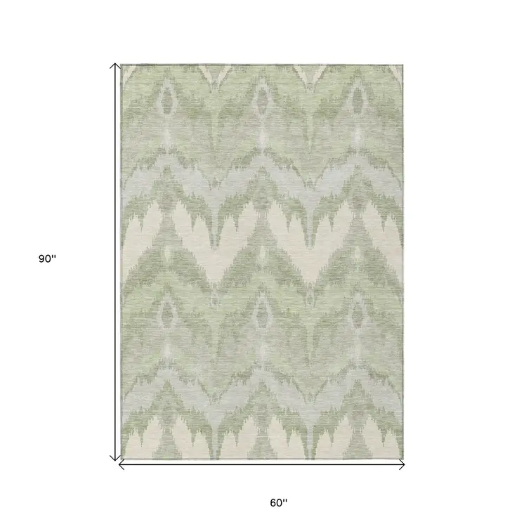 5' X 8' Artichoke Green And Beige Ikat Washable Indoor Outdoor Area Rug