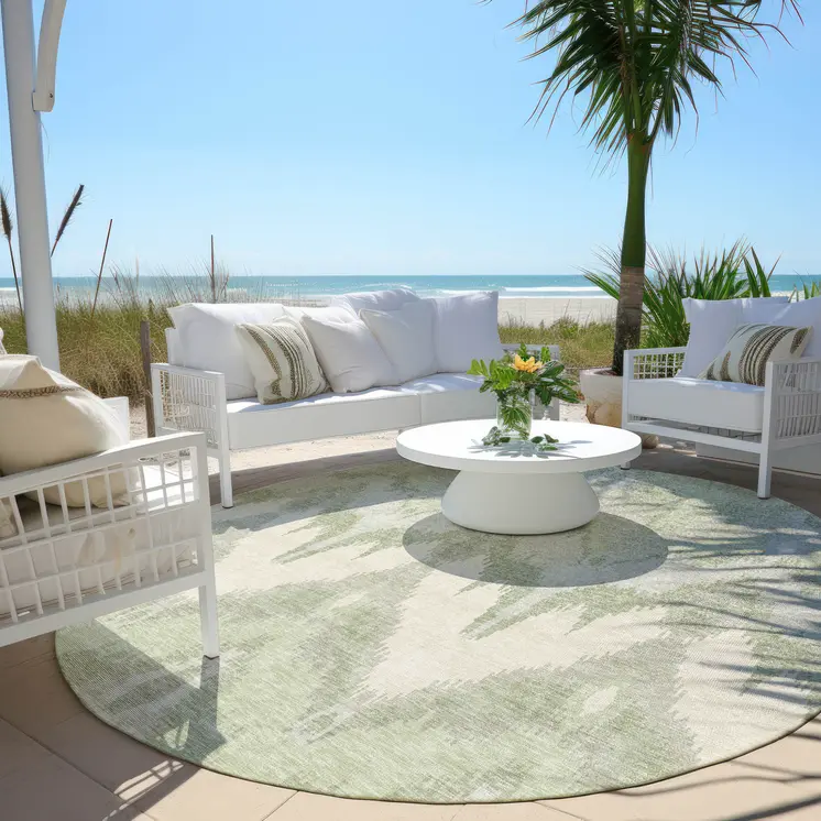 8' Artichoke Green And Beige Round Ikat Washable Indoor Outdoor Area Rug