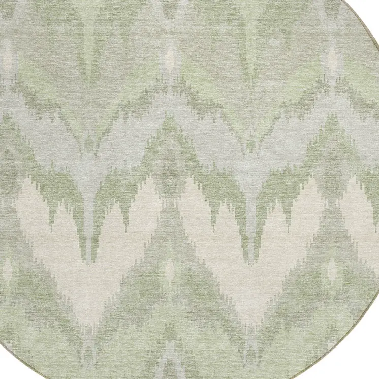 8' Artichoke Green And Beige Round Ikat Washable Indoor Outdoor Area Rug