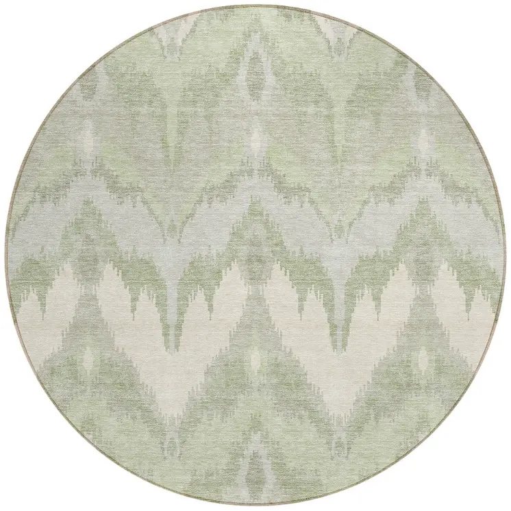 8' Artichoke Green And Beige Round Ikat Washable Indoor Outdoor Area Rug