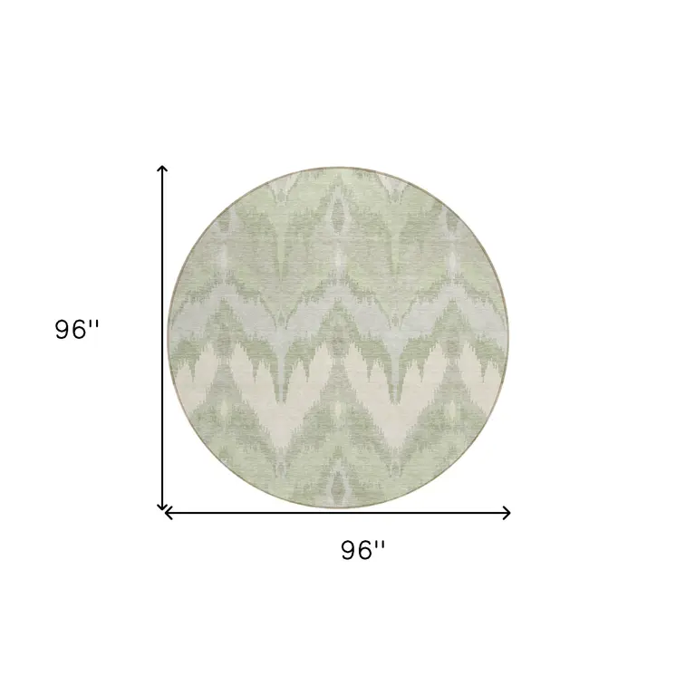8' Artichoke Green And Beige Round Ikat Washable Indoor Outdoor Area Rug
