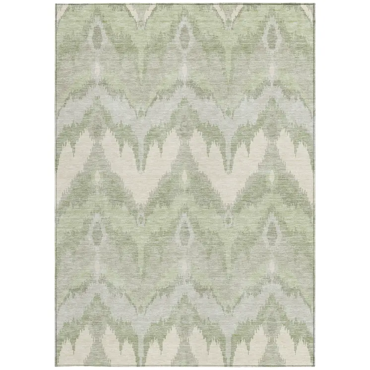 9' X 12' Artichoke Green And Beige Ikat Washable Indoor Outdoor Area Rug