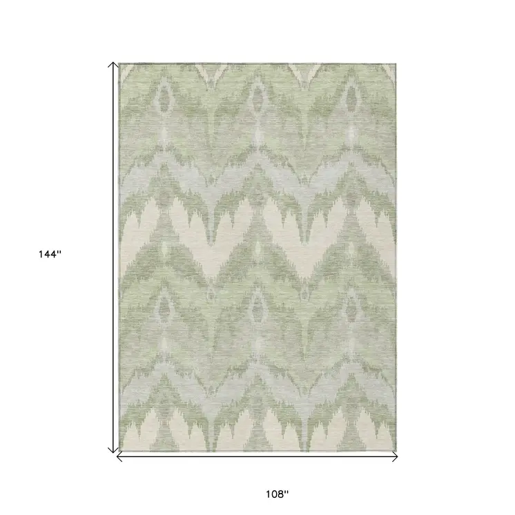 9' X 12' Artichoke Green And Beige Ikat Washable Indoor Outdoor Area Rug