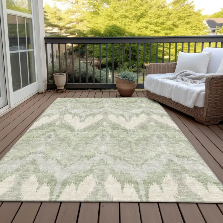 9' X 12' Artichoke Green And Beige Ikat Washable Indoor Outdoor Area Rug
