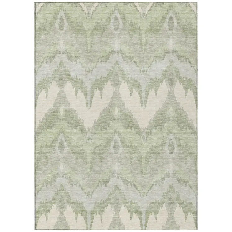 9' X 12' Artichoke Green And Beige Ikat Washable Indoor Outdoor Area Rug