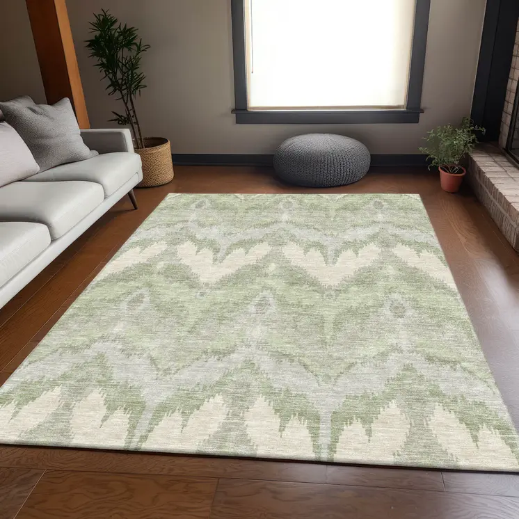 9' X 12' Artichoke Green And Beige Ikat Washable Indoor Outdoor Area Rug