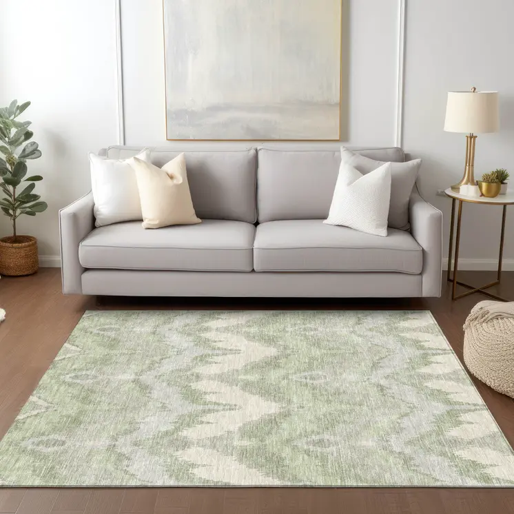 9' X 12' Artichoke Green And Beige Ikat Washable Indoor Outdoor Area Rug