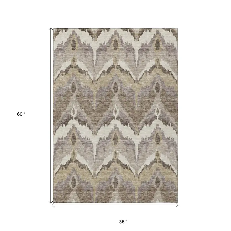 3' X 5' Beige Chocolate And Taupe Ikat Washable Indoor Outdoor Area Rug