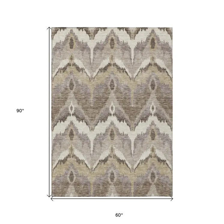 5' X 8' Beige Chocolate And Taupe Ikat Washable Indoor Outdoor Area Rug