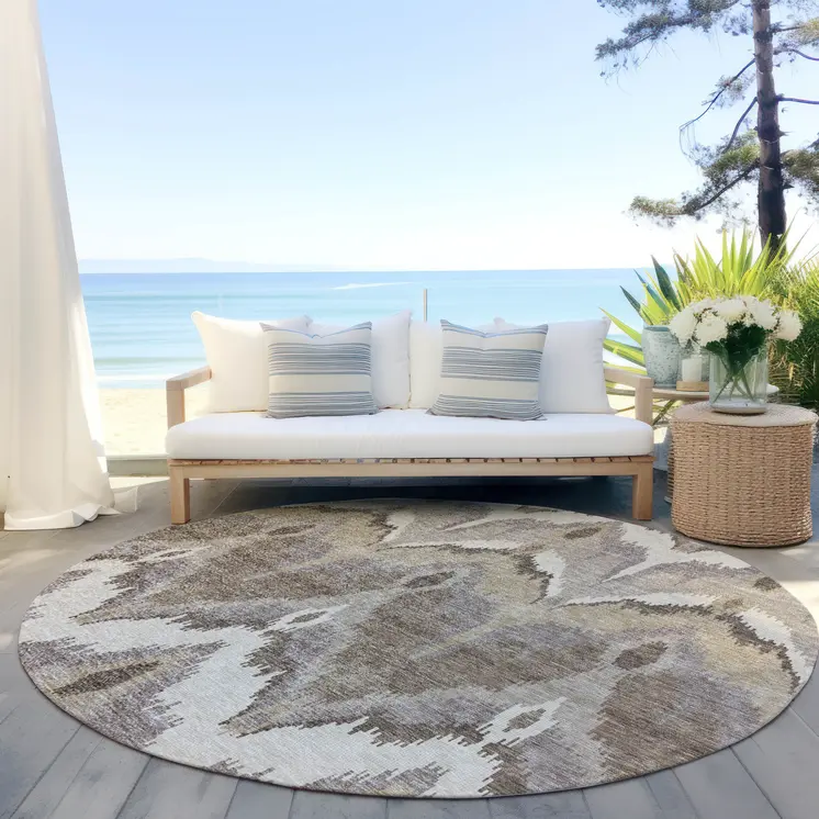 8' Beige Chocolate And Taupe Round Ikat Washable Indoor Outdoor Area Rug