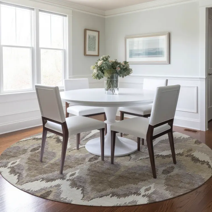8' Beige Chocolate And Taupe Round Ikat Washable Indoor Outdoor Area Rug