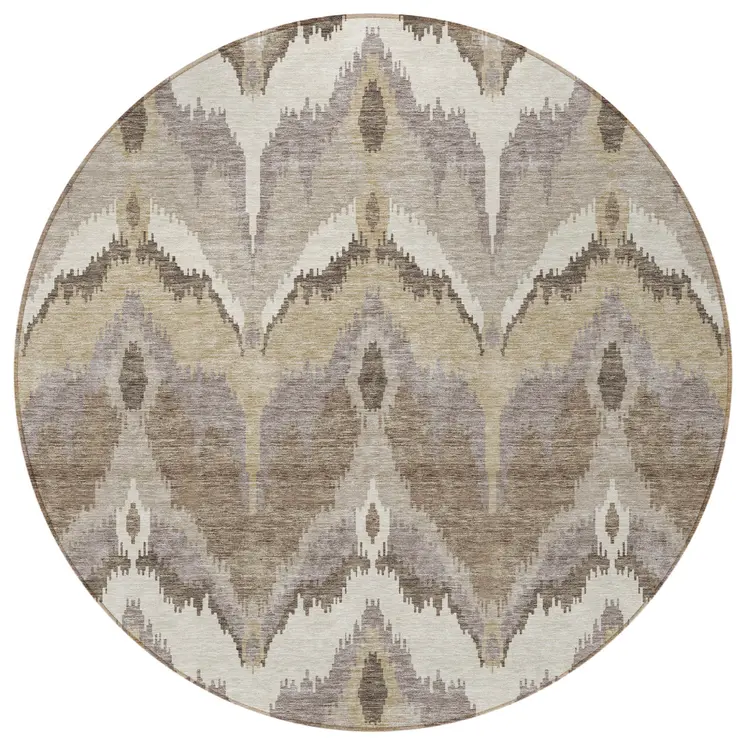8' Beige Chocolate And Taupe Round Ikat Washable Indoor Outdoor Area Rug