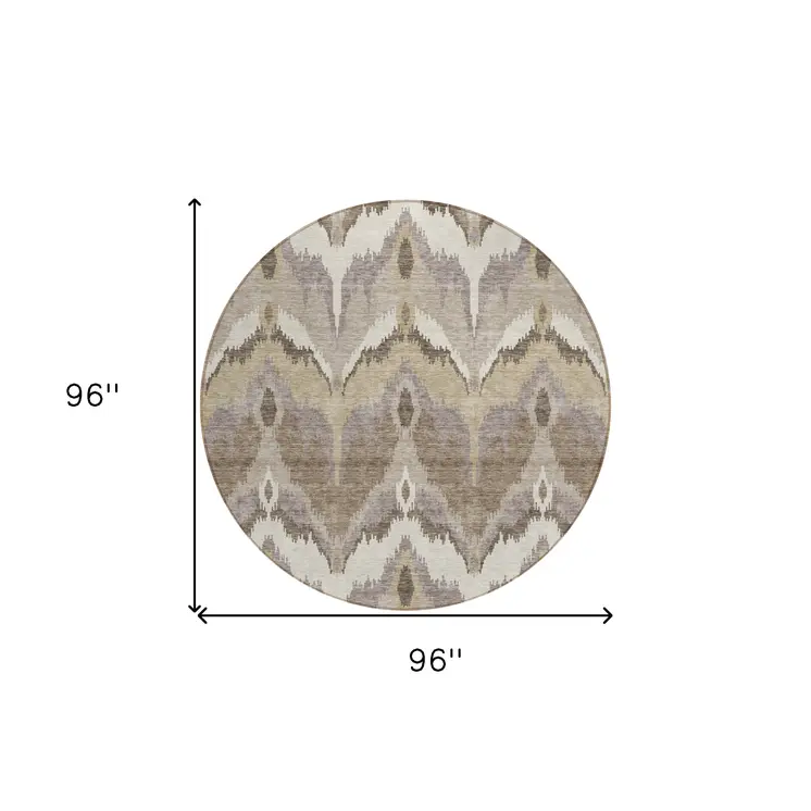 8' Beige Chocolate And Taupe Round Ikat Washable Indoor Outdoor Area Rug