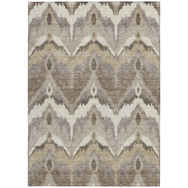 9' X 12' Beige Chocolate And Taupe Ikat Washable Indoor Outdoor Area Rug