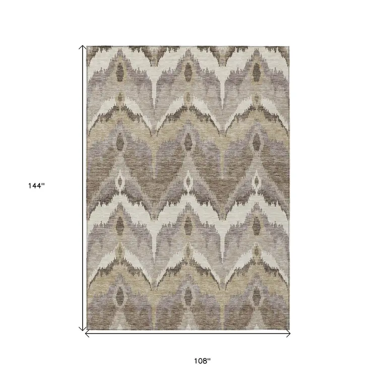 9' X 12' Beige Chocolate And Taupe Ikat Washable Indoor Outdoor Area Rug