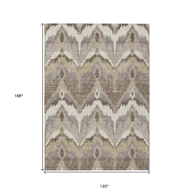 10' X 14' Beige Chocolate And Taupe Ikat Washable Indoor Outdoor Area Rug