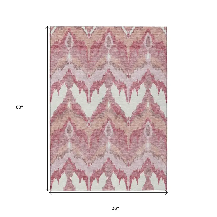3' X 5' Blush Mauve And Ivory Ikat Washable Indoor Outdoor Area Rug