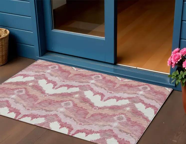 3' X 5' Blush Mauve And Ivory Ikat Washable Indoor Outdoor Area Rug