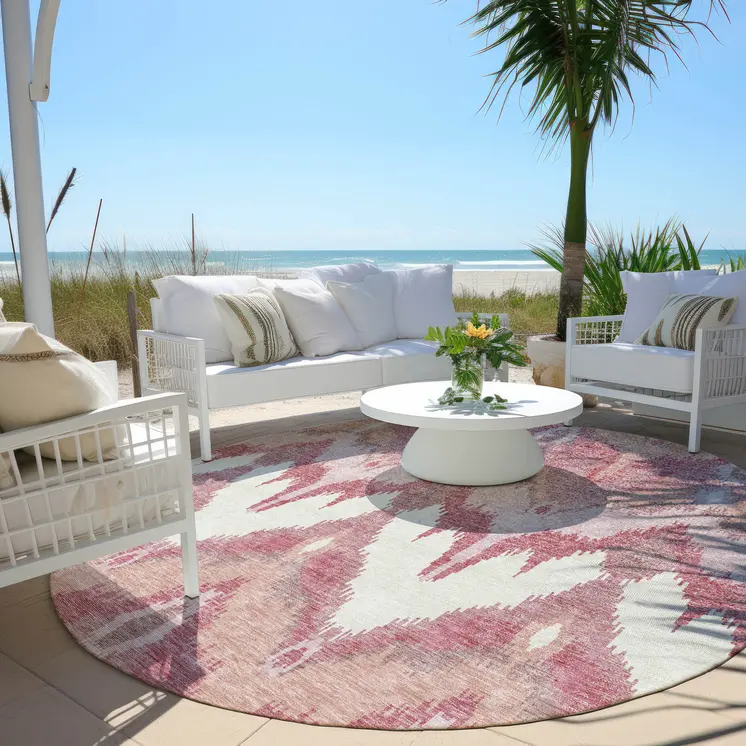 8' Blush Mauve And Ivory Round Ikat Washable Indoor Outdoor Area Rug
