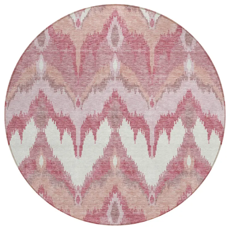 8' Blush Mauve And Ivory Round Ikat Washable Indoor Outdoor Area Rug
