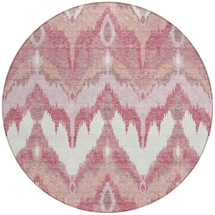 8' Blush Mauve And Ivory Round Ikat Washable Indoor Outdoor Area Rug