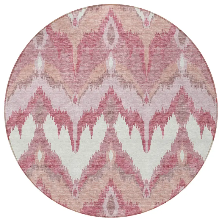 8' Blush Mauve And Ivory Round Ikat Washable Indoor Outdoor Area Rug