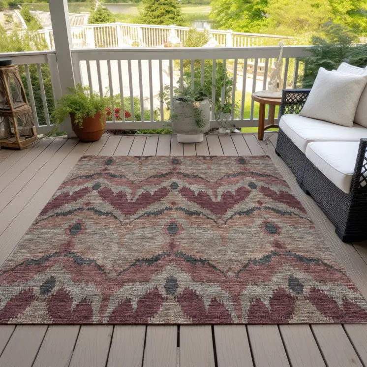 3' X 5' Burgundy Beige And Charcoal Ikat Washable Indoor Outdoor Area Rug