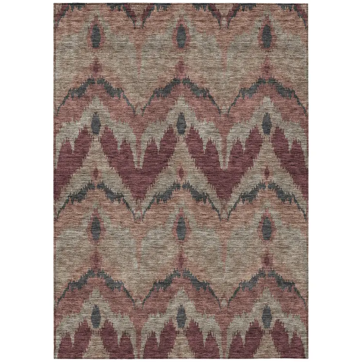 3' X 5' Burgundy Beige And Charcoal Ikat Washable Indoor Outdoor Area Rug