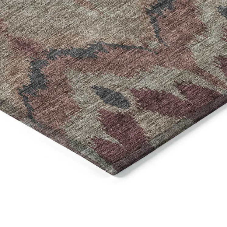 3' X 5' Burgundy Beige And Charcoal Ikat Washable Indoor Outdoor Area Rug