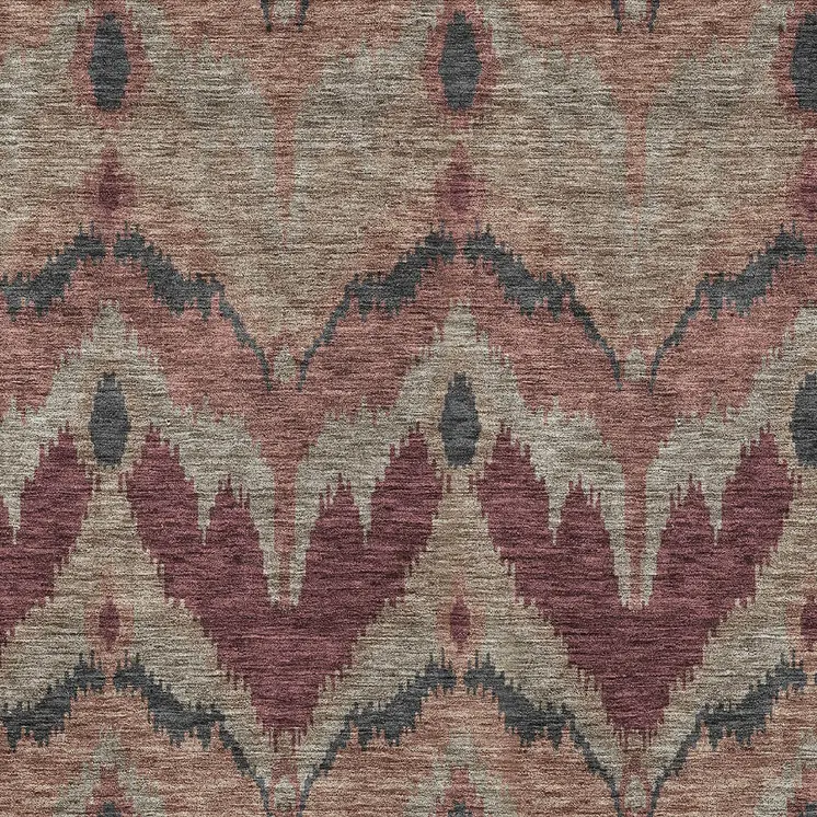 3' X 5' Burgundy Beige And Charcoal Ikat Washable Indoor Outdoor Area Rug