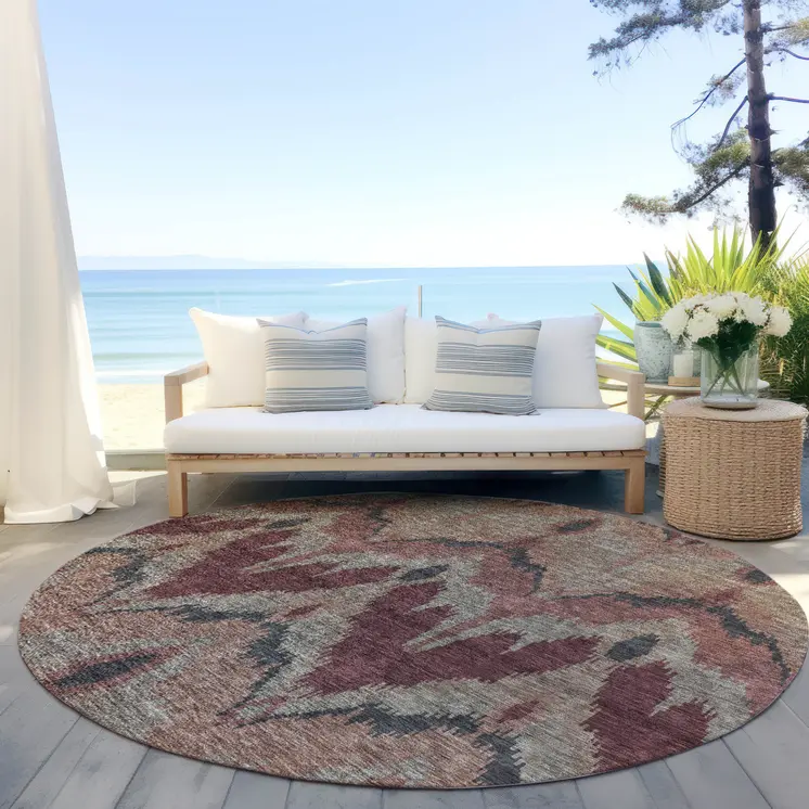8' Burgundy Beige And Charcoal Round Ikat Washable Indoor Outdoor Area Rug