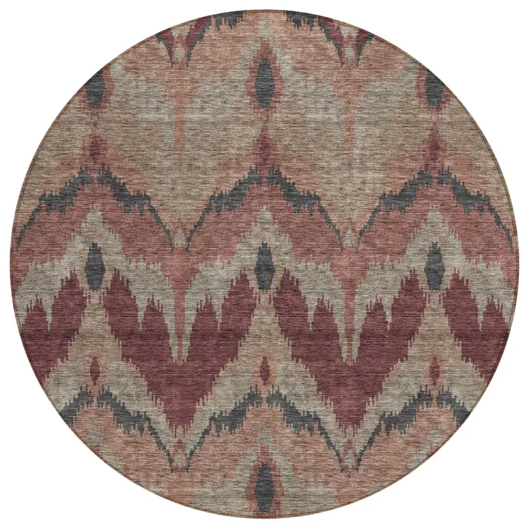 8' Burgundy Beige And Charcoal Round Ikat Washable Indoor Outdoor Area Rug