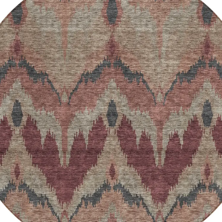 8' Burgundy Beige And Charcoal Round Ikat Washable Indoor Outdoor Area Rug